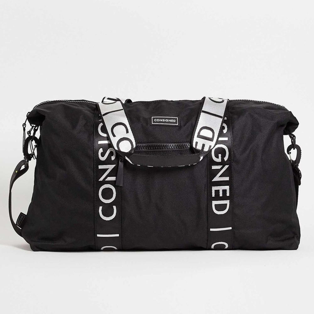NWT Consigned UK Brand taped logo holdall in black large tote bag travel duffle